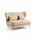 Upholstered blush two-seater sofa with gold legs and cushions 150 x 75 x 85cm