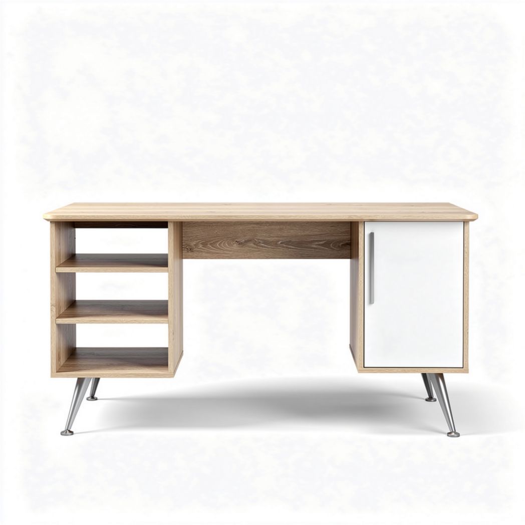 Modern wooden desk with storage shelves and white cabinet 150 x 60 x 75cm