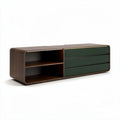 Modern wooden TV stand with storage drawers and open shelves in walnut and green 160 x 40 x 50cm