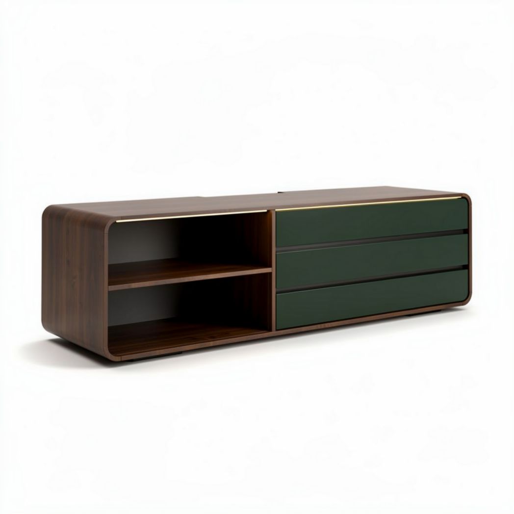 Modern wooden TV stand with storage drawers and open shelves in walnut and green 160 x 40 x 50cm
