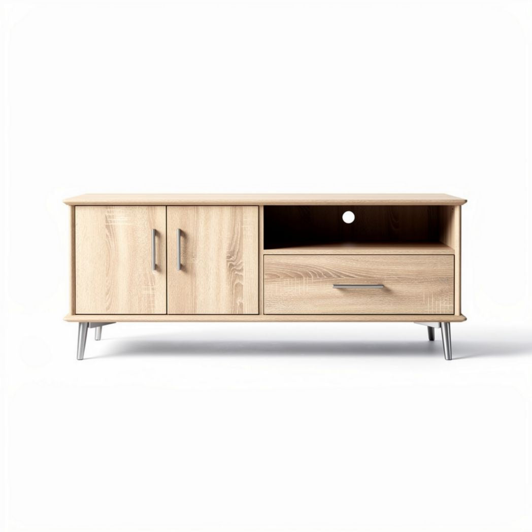 Wooden TV stand with storage compartments in natural finish 120 x 40 x 50cm