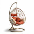 Hanging egg chair with removable cushions in green and white for indoor outdoor use