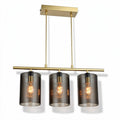Brass pendant light fixture with three smoky glass shades 40 x 20 x 25cm