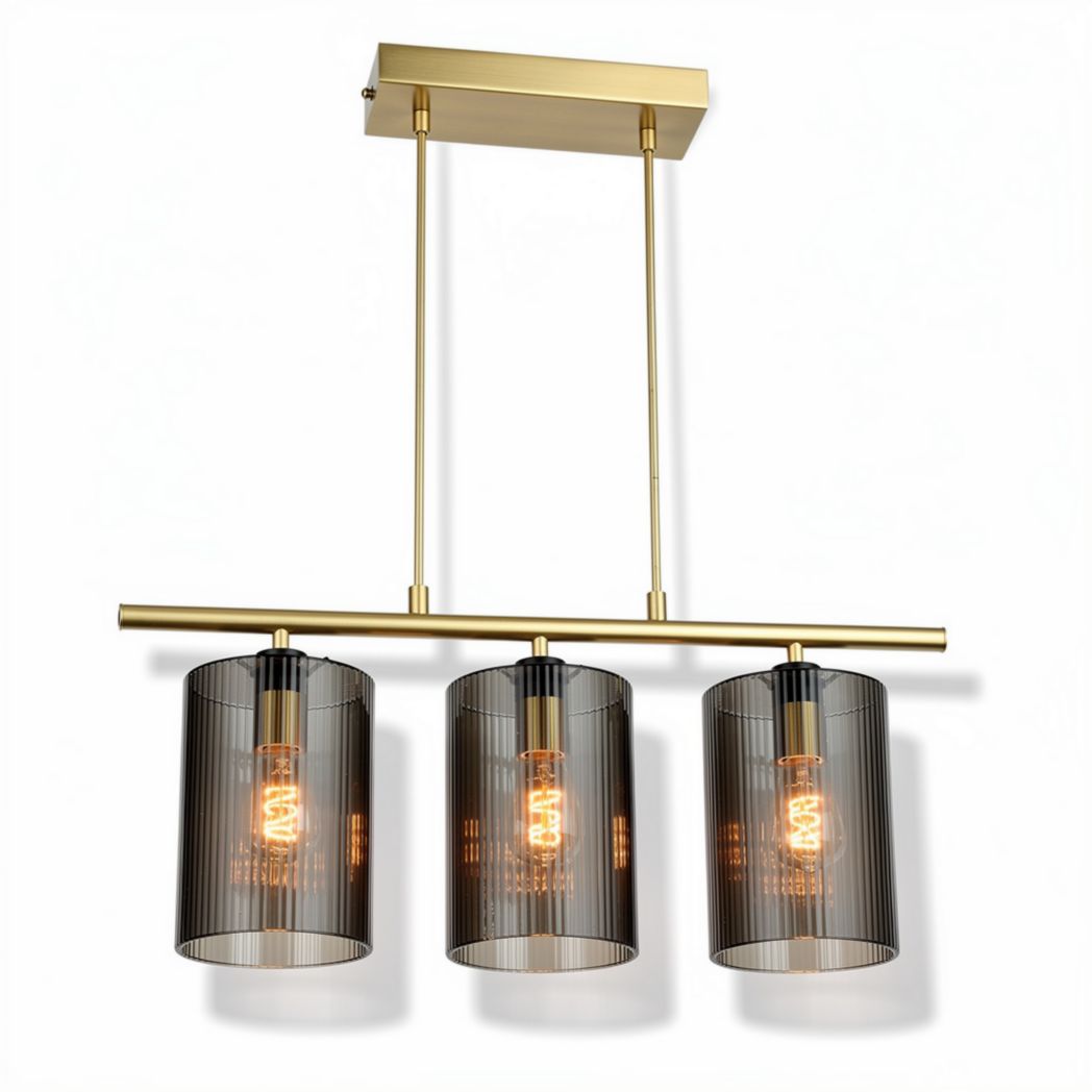 Brass pendant light fixture with three smoky glass shades 40 x 20 x 25cm