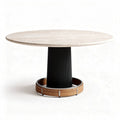 Round marble dining table with wooden base and black column 100 x 100 x 75cm