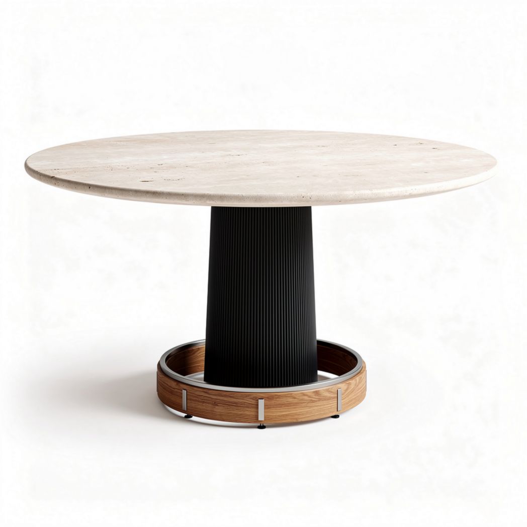 Round marble dining table with wooden base and black column 100 x 100 x 75cm
