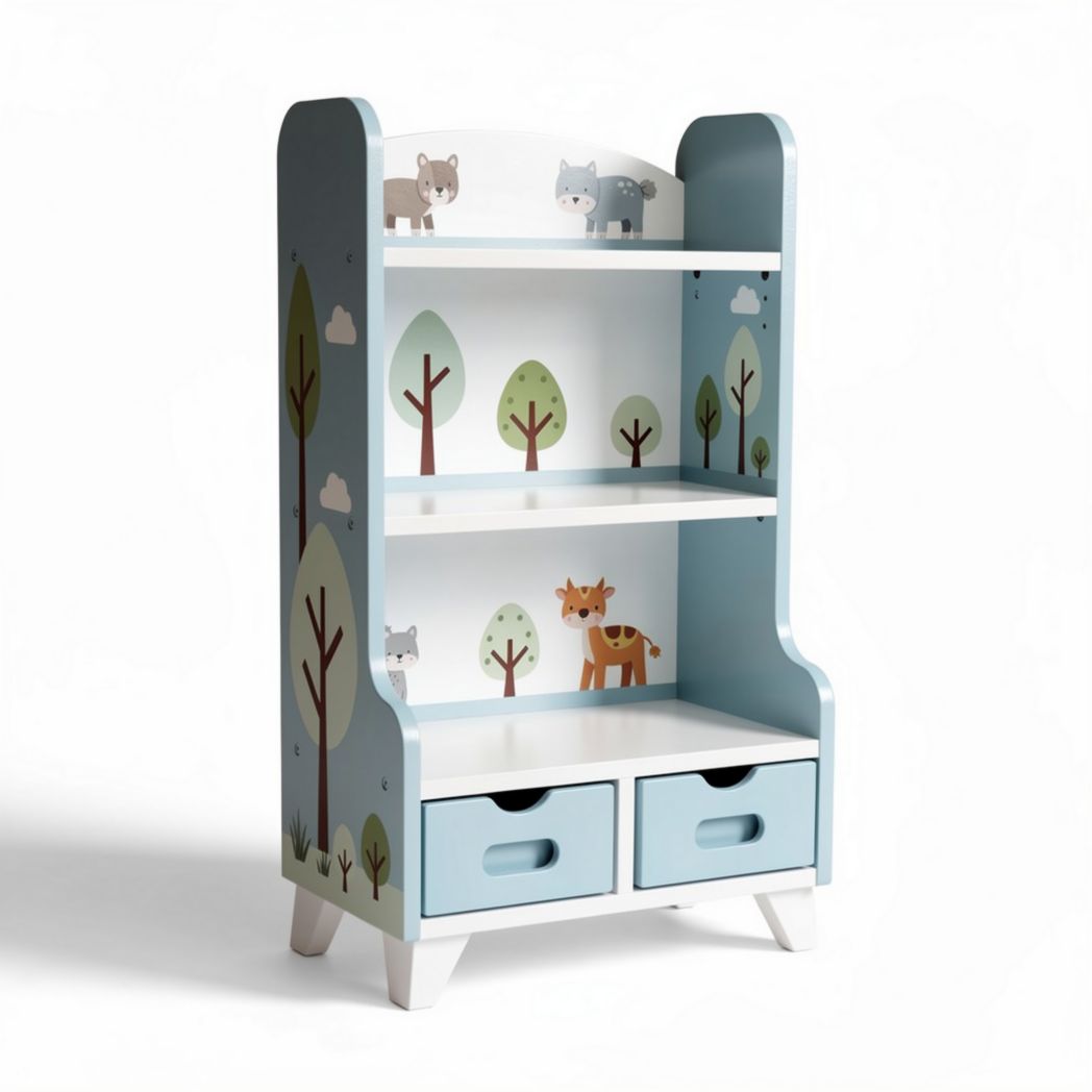 Children's bookshelf with animal design in blue and white 80 x 40 x 120cm