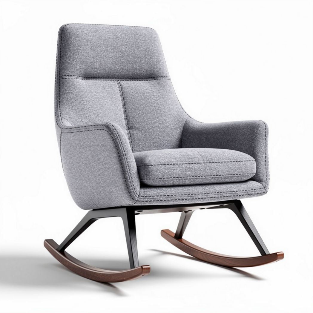 Rocking chair in grey fabric with metal frame and wood rockers 80 x 70 x 100cm