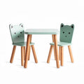 Kids table and chair set in mint green with wooden legs and playful cat design 60 x 40 x 50cm