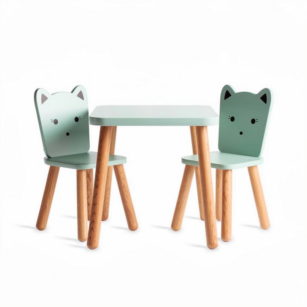 Kids table and chair set in mint green with wooden legs and playful cat design 60 x 40 x 50cm
